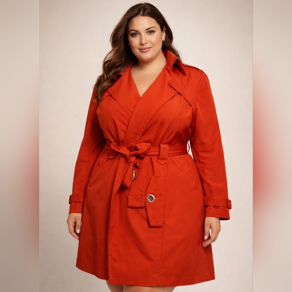 Calvin Klein Women's Bold Red Trench Coat With Silver Buttons